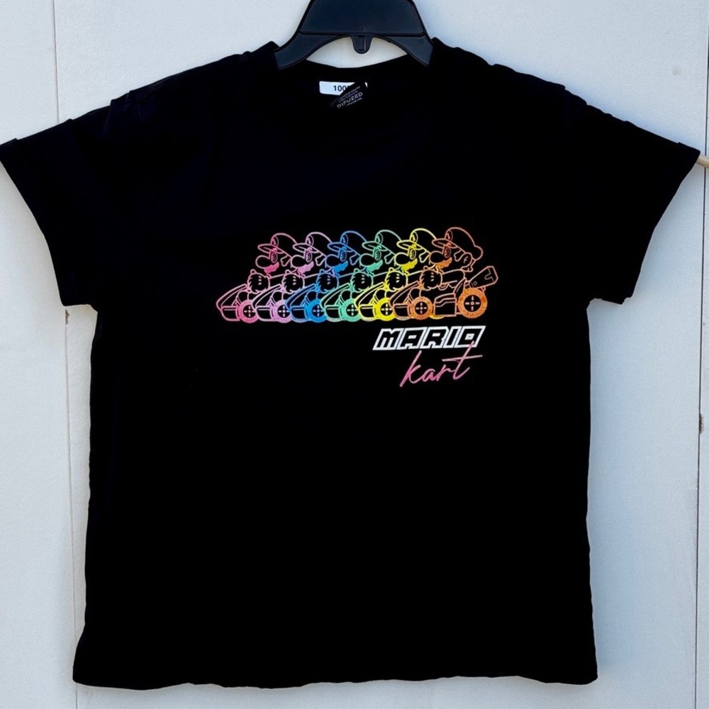 Nintendo Mario Kart Kids Shirt Black Rainbow Neon Graphic Tee Size M 12-14 2020